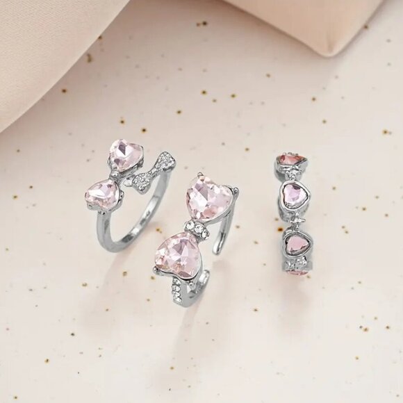 NEW 3 pink and silver coquette bow rings, BOHO chic rings, pink bow ring, adjust - Picture 3 of 4